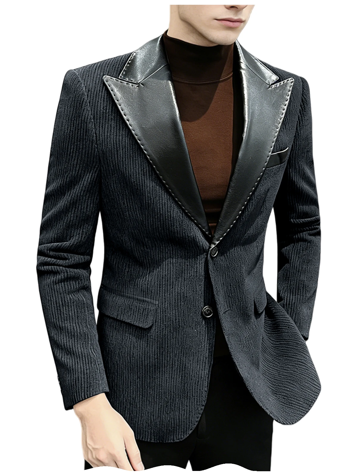 Blazer da uomo in velluto a coste stile britannico Giacca monopetto di alta qualità Cappotti impiombati con collo in pelle PU moda