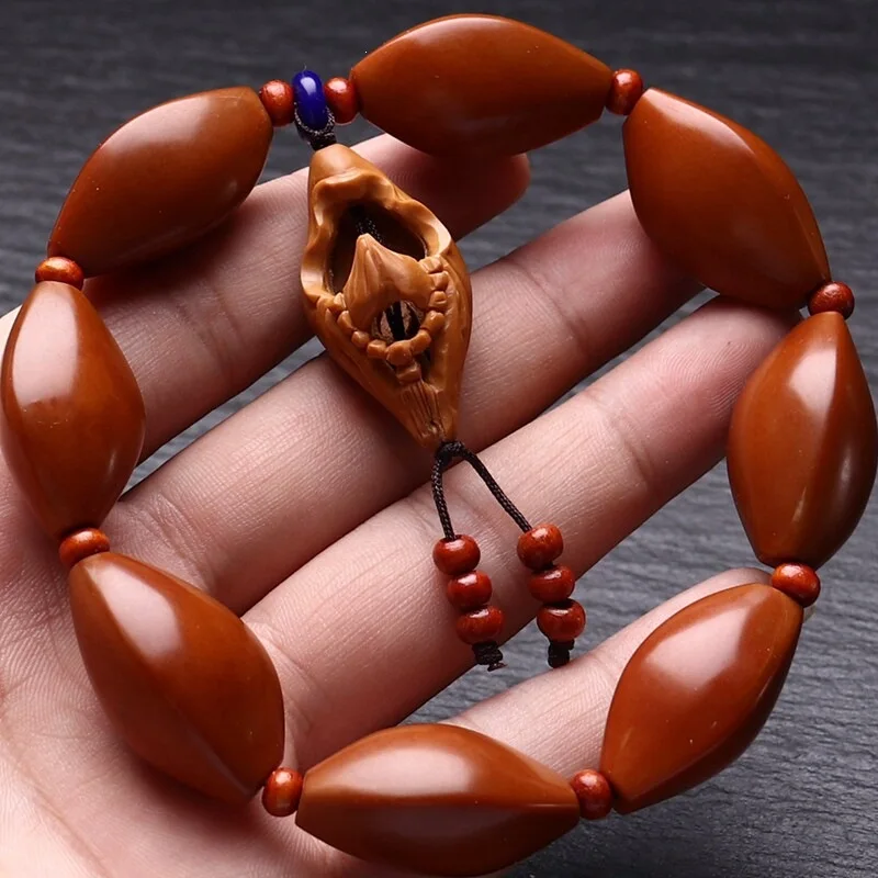 Olive bead bracelet, - triangular polished plain stone hand-held Zen Buddhist pendant, single piece