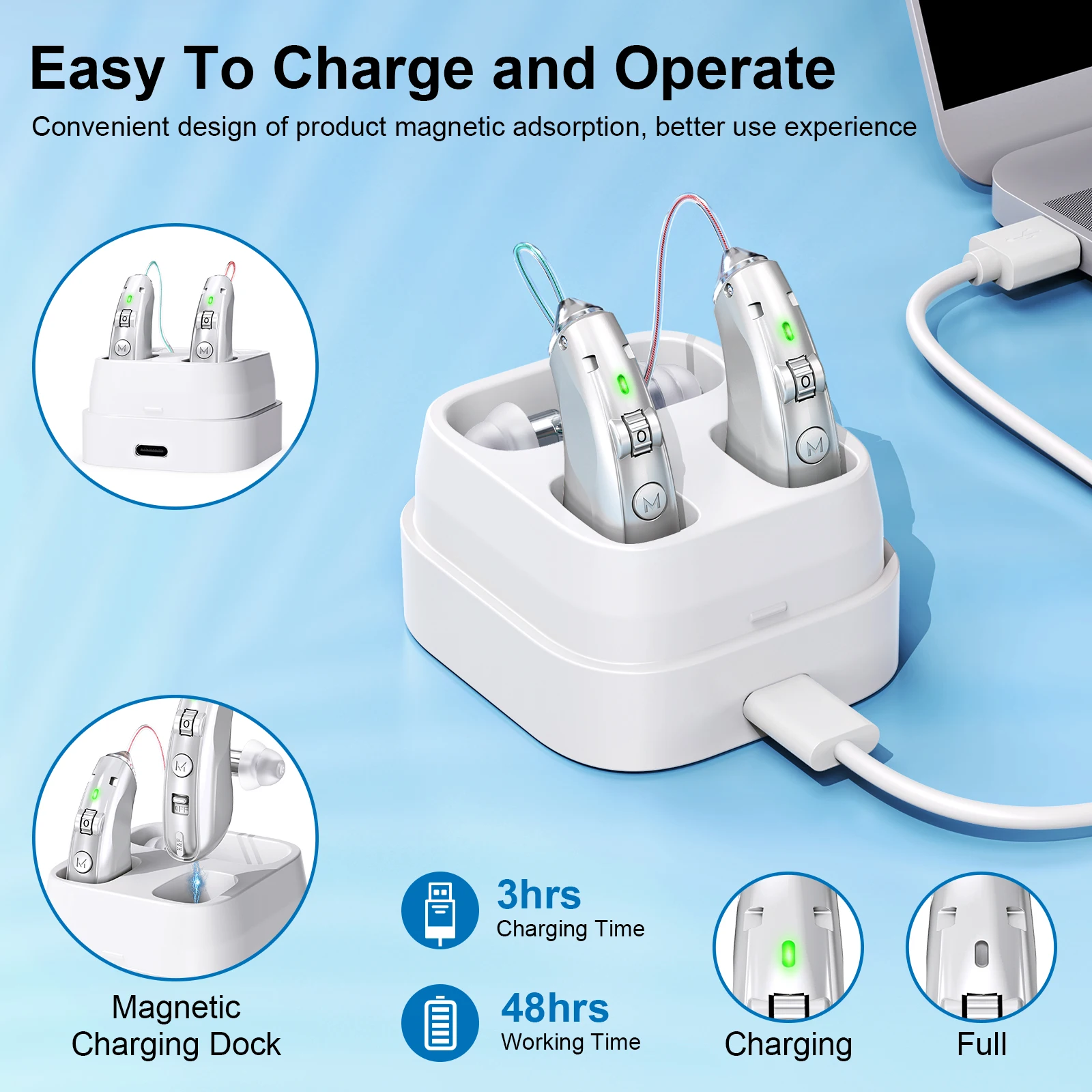 Rechargeable behind-the-ear hearing aid for the elderly, noise-cancelling amplified hearing aid with charging case