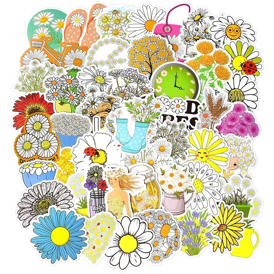 50 PCS Flowers Daisies Stickers for Kids Girls Vsco Fashion Element Daisy Kawaii Cartoon Stickers Set DIY Suitcase Bike Guitar
