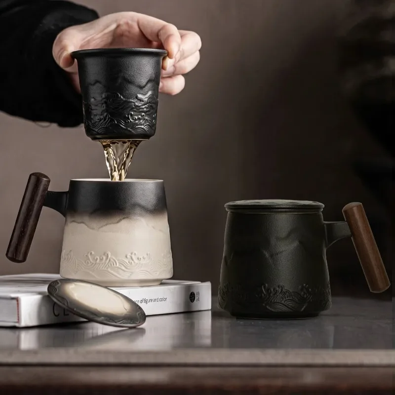 Ceramic Mugs Retro Luxury Large Capacity Tea-infuser Cup Pretty Office Insulated Mug with Lid and Wooden Handle Home Drinkware