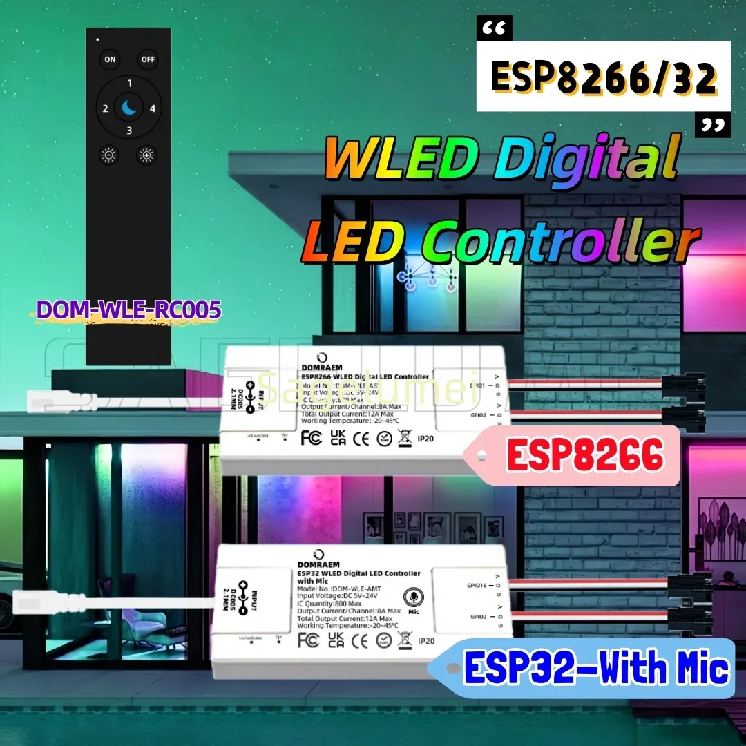 ESP32 Dual-Channel WLED Smart Controller 5-24V WiFi RGB LED Strip Controller with OTA 12A Max 800 ICs EU Certified GPIO16 RF2.4G