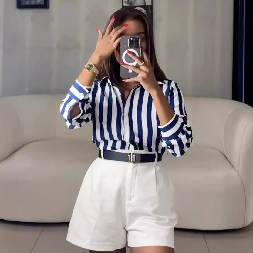 Women Shirt Striped Blouses Tops Turn Down Collar Y2k Streetwear Shirts Top Temperament Single Breasted Casual Loose 2025