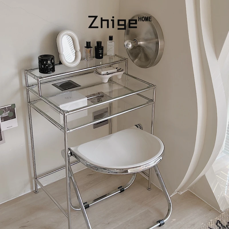 

Bauhaus Small Dresser Stainless Steel Single Desk ins Glass Makeup Table Display Stand Desk Dining Table