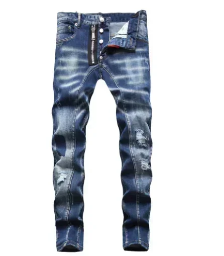 

Men Skinny Jeans Luxury Brand Light Blue Holes Long Trousers Quality Male Fashion Stretch Slim Pants Men's Ripped Jeans