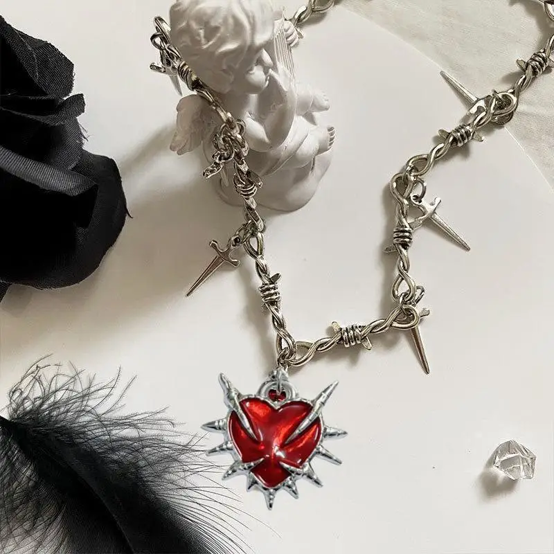 Punk Goth Red Heart Pendant Necklace Vintage Thorn Knot Chain Necklace for Women Men Hip Hop Y2K Grunge EMO Jewelry Accessories