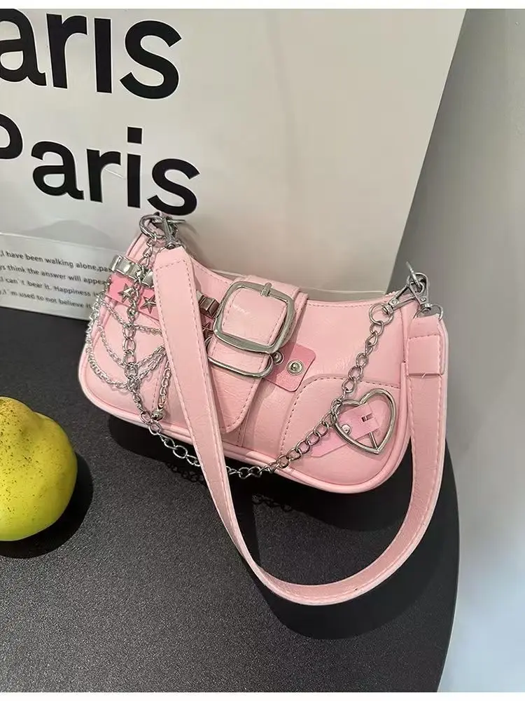 Y2K Süße Kühlen frauen Unterarm Tasche Heiße Mädchen Rosa Schulter Taschen Messenger Tasche Retro Design Weiblichen Kette Geldbörse Achselhöhle handtaschen – Detail 4