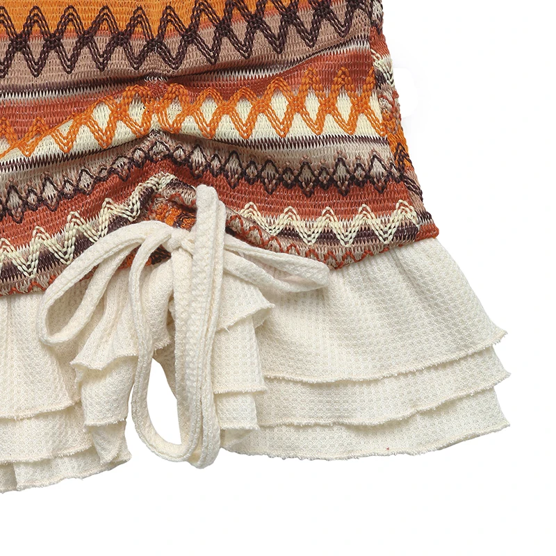 Vestido feminino boho com estampa geométrica, bainha com babados, gravata lateral, mini vestido bodycon, verão, praia, festa, casual, sexy