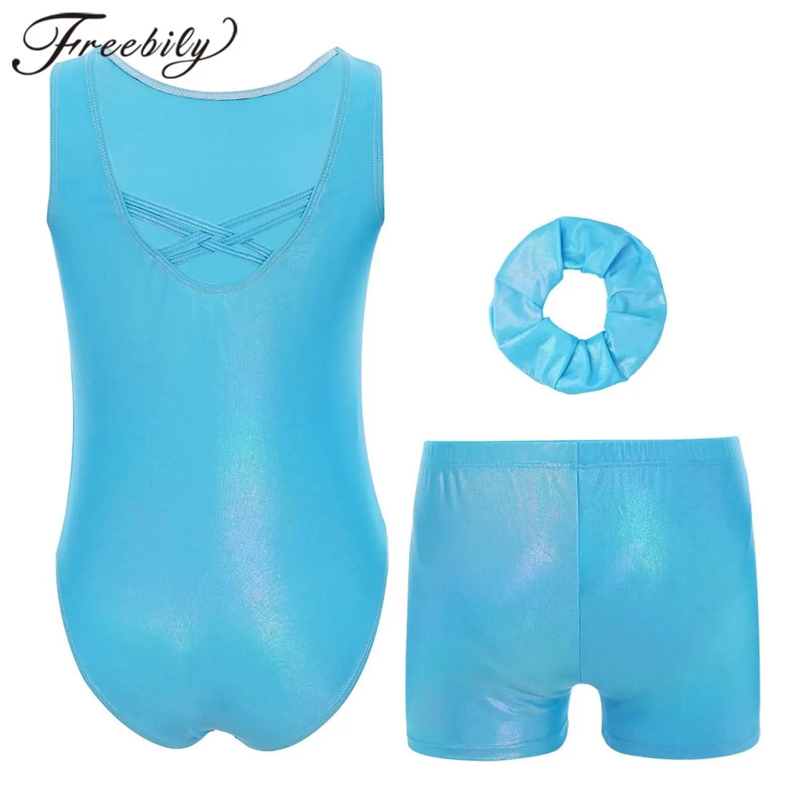 Teens Metallic Gymnastic Unitard Skating Leotard + Shorts Hairband Girls Ballet Dance Outfit Kids Shiny Gymnastics Leotard