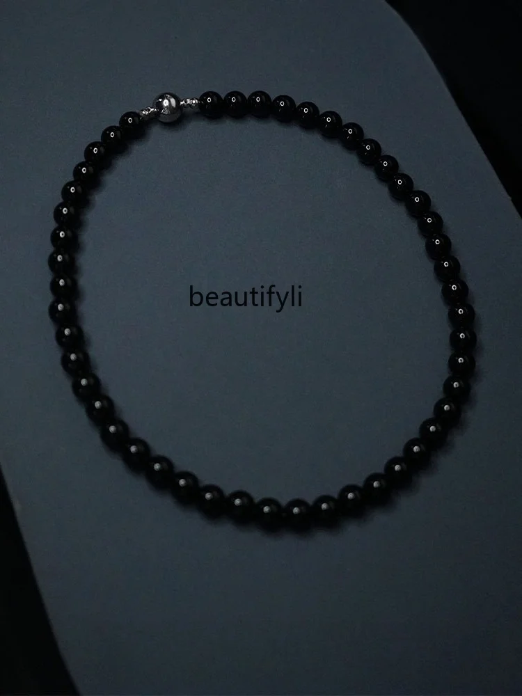 Natural black agate beaded necklace, simple light luxury temperament, fashionable personality, versatile neck chain