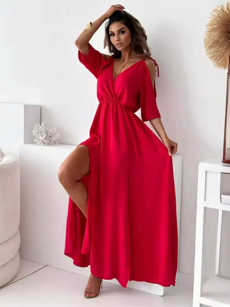 Summer V-neck Off-shoulder Slit Long Dress For Women Sleevelesss Suspender Sexy Dress Elegant Casual Solid Loose Party Dresses