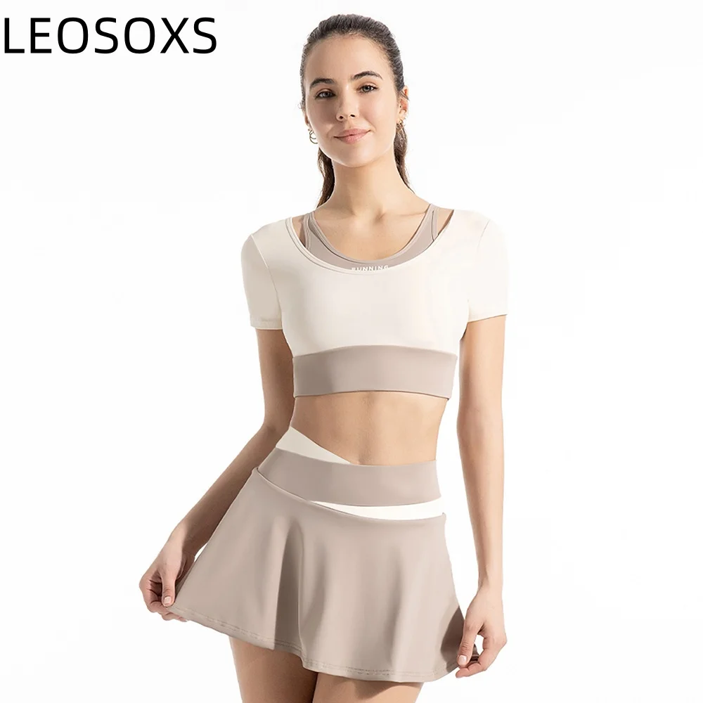 

LEOSOXS Women's gym yoga set Professional training sports running Pilates fitness set colorblock leggings skirt short sleeve