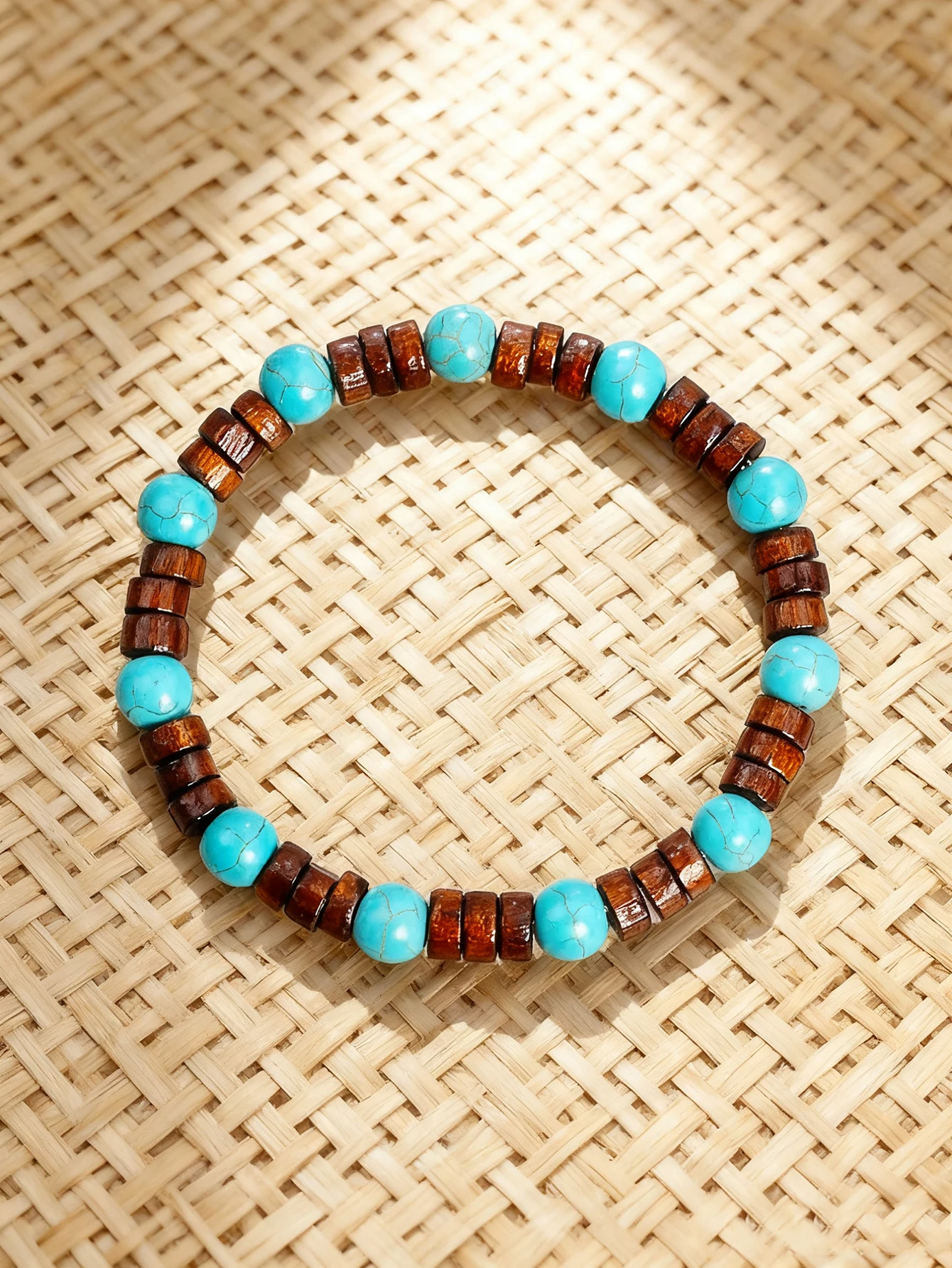 Natural Beads Bracelet Turquoise Stone Wood Bead Bracelet Vintage Style Healing Bracelet Handmade Protection Good Luck Jewelry