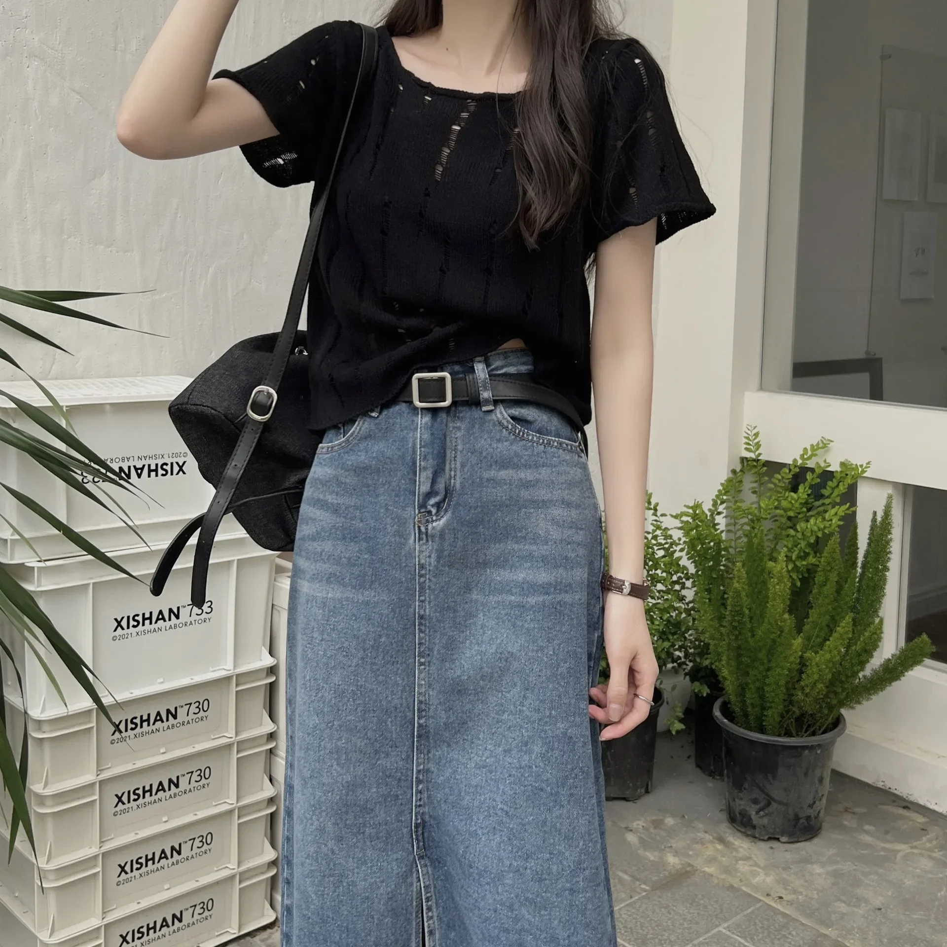 

Футболка вязаная короткая футболка с короткими рукавами женская