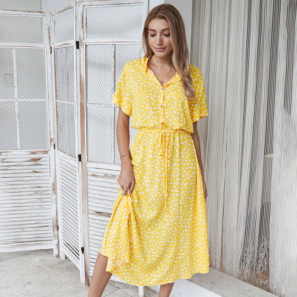 Moda Krótki rękaw Point Dot Midi Sukienka Kobiety 2025 Lato Casual Boho Eleganckie Długie Sukienki Biurowe Dla Kobiet Robe Femme