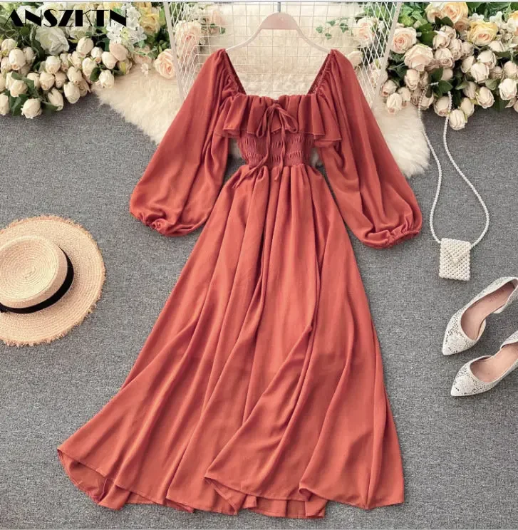 ANSZKTN estilo francés cuello cuadrado Puff manga larga hermoso vestido ahumado gasa Maxi vestidos para mujer señora