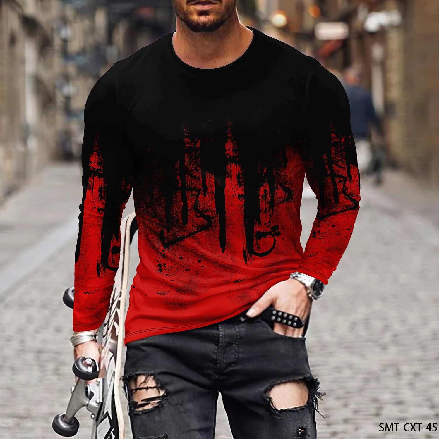 Colorful Line Pattern 3D Printing Men's Round Neck T-shirt Casual Long Sleeve Plus Size Pullover Fashion Trend Men's Clothing