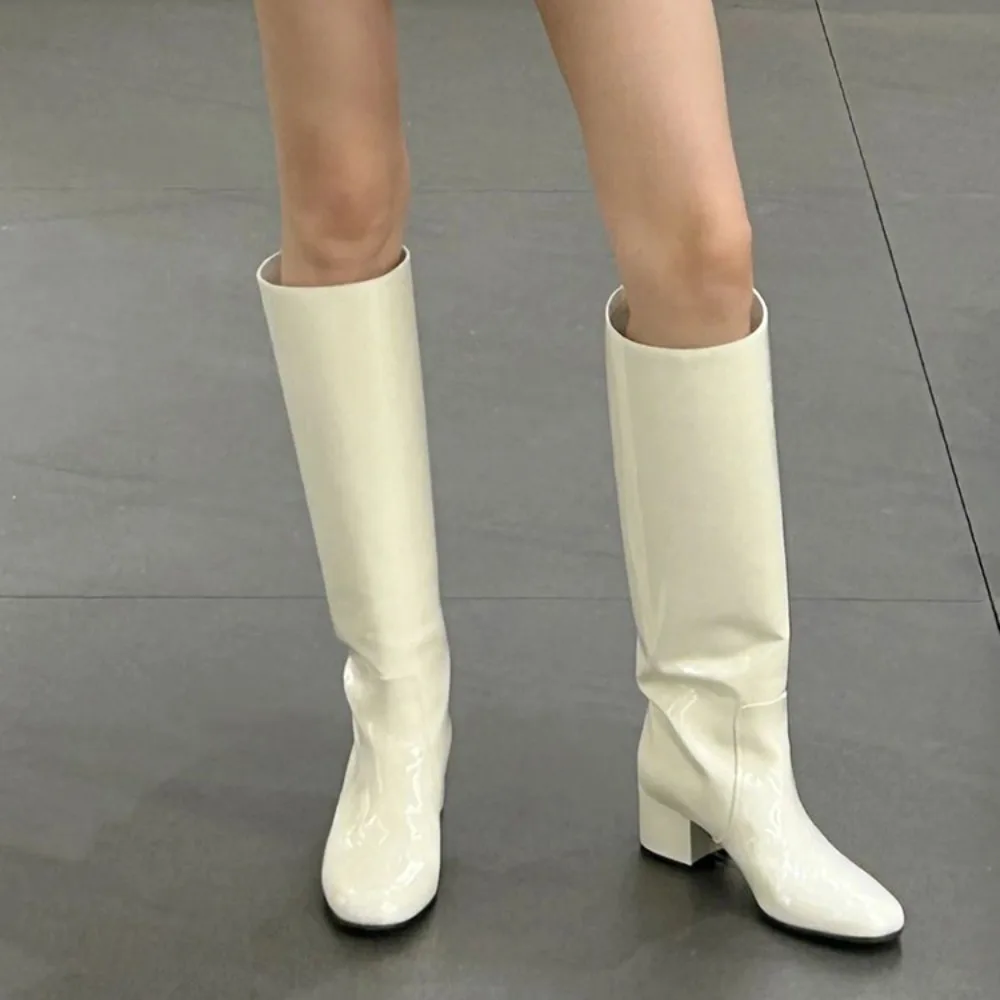 

NIGO Women's Autumn And Winter White Shiny Leather Thigh-high Boots Thick Heel Fashionable Elegant Simple Boots #NGSH1371