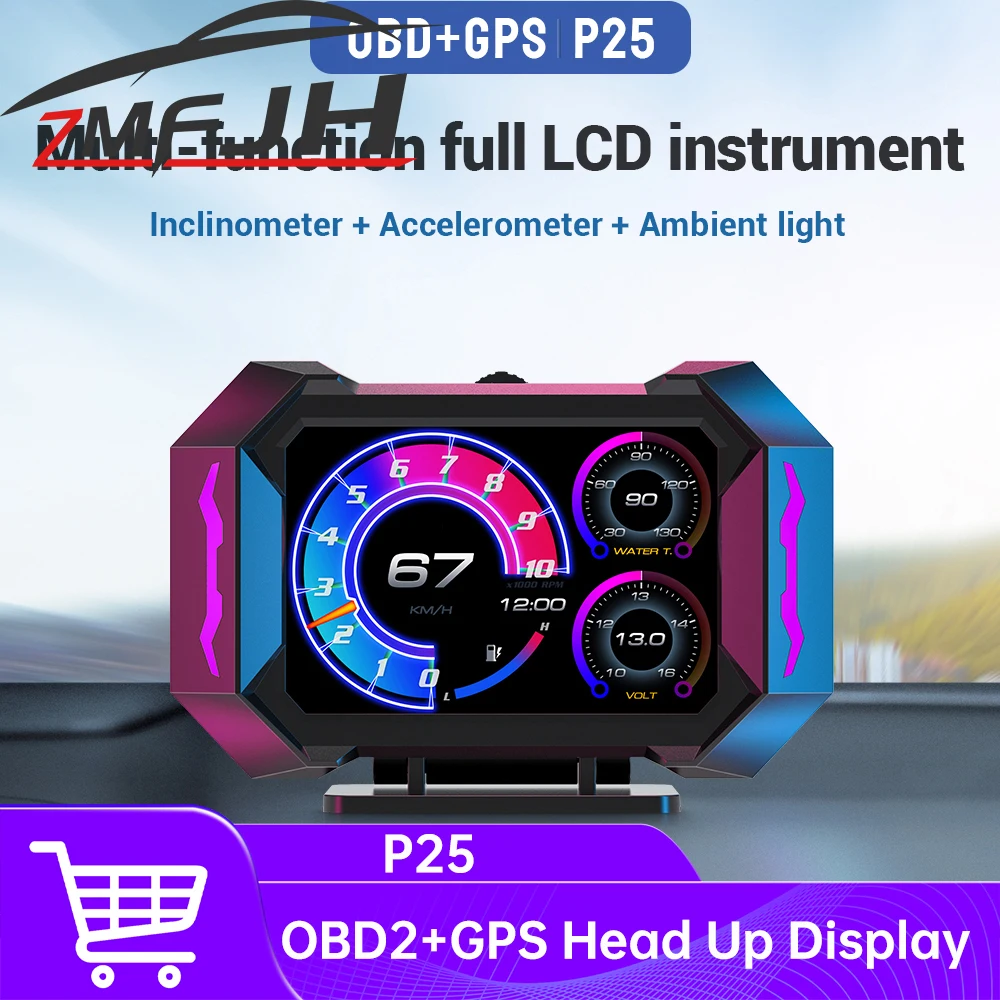 

OBD GPS Head Up Display P25 Digital Gauge GPS Speedometer Odometer with Over Speed Reminder Multilingual for Vehicles