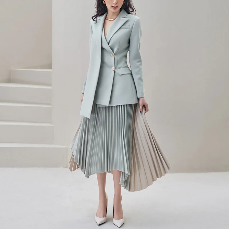 Women Skirt Suits Set Elegant Blazer+Pleated Prom Dress Formal Office Lady Jacket Irregular Stitching Colors Party Gown In Stock