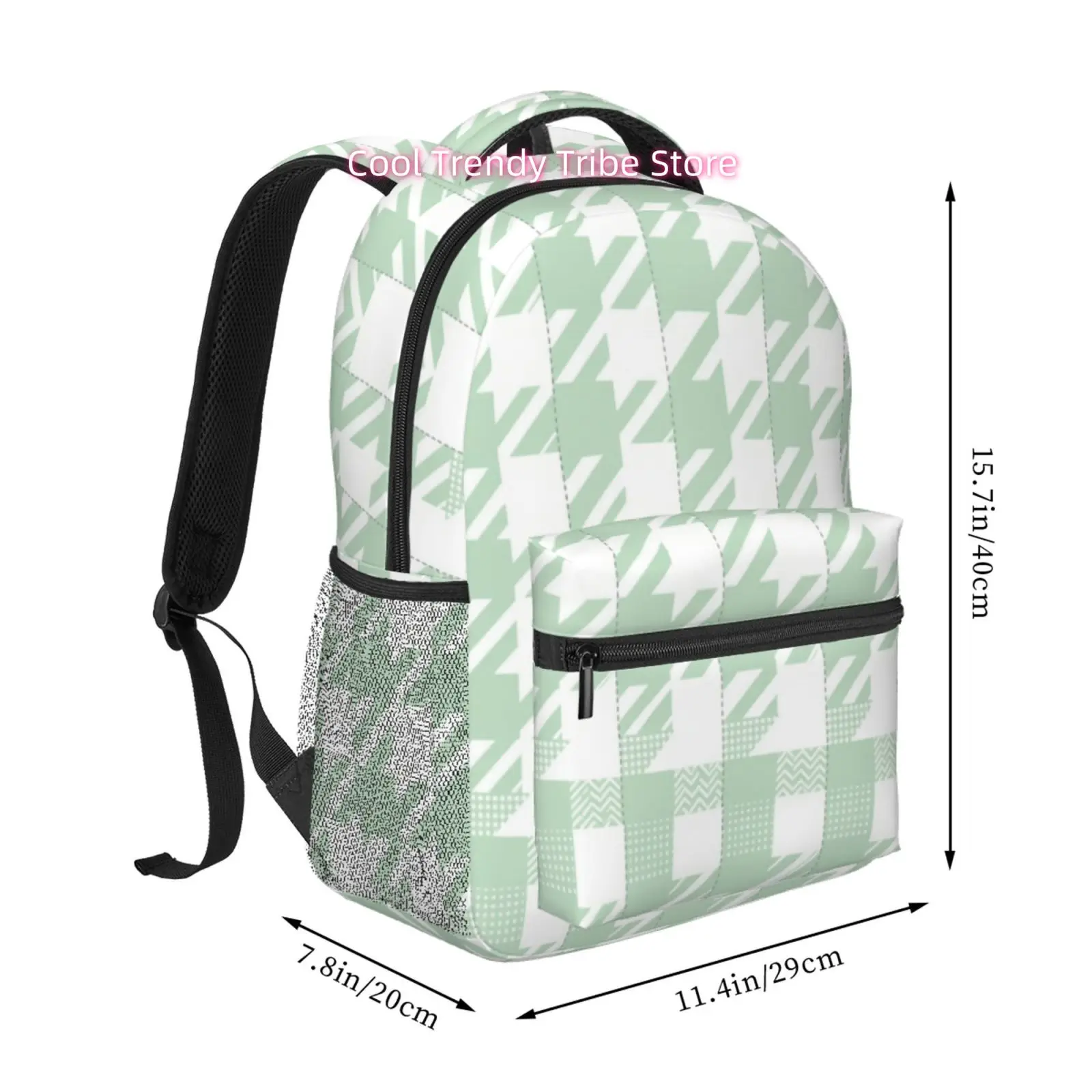 Mint Green Houndstooth Print Backpack, Oxford Cloth Casual Daypack, Adjustable Straps, for Casual Outings And Travel