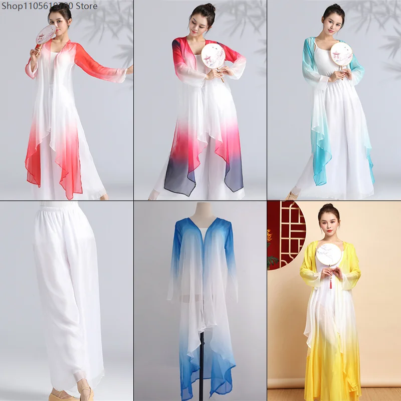 Women Gradient Chiffon Long Cardigan Hanfu Folk Classical Dance Practice Stage Cosplay Matching Elegant Fairy Performance Outfit