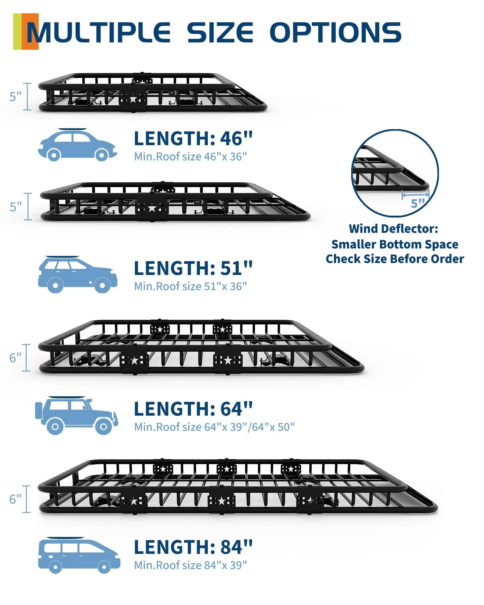 Universal Roof Rack Carrier Basket 46x36/51x36/64x39 in 200LBS Rooftop Cargo Rack Heavy Duty Car Top Luggage Holder SUV Truck