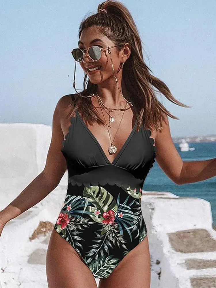 Sexy One-Piece Halter Floral Print Female Swimsuits 2024 Deep V-neck Push Up Bathing Suit Women Beachwear Ruffle Monokini New L6