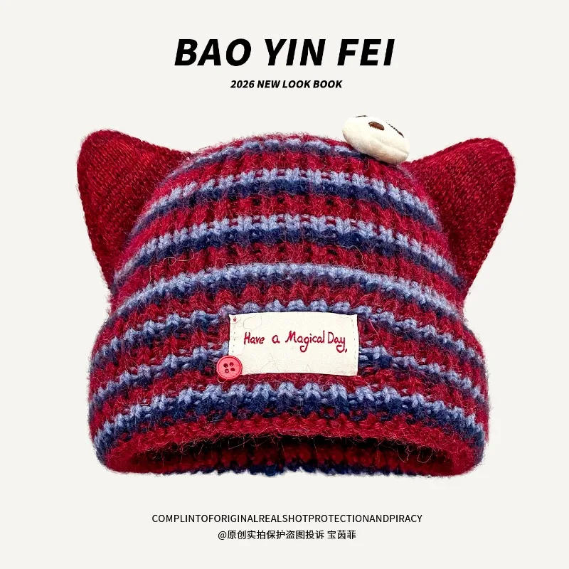 Japanische Cartoon-Strickmütze mit süßen Streifen, Winter-Outdoor-Mütze mit Katzenohren, warme Ohrenschutz-Beanie-Mütze für Damen – Detail 5