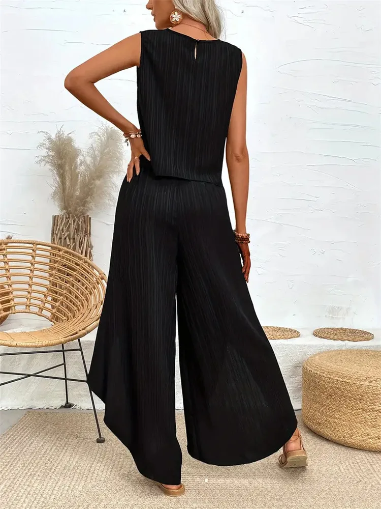 패셔너블한 세트, 여유로운 오버사이즈 편안한 세트, 민소매 크루넥 티셔츠 세트, 여름 준비 완료, 가벼운 캐주얼 세트