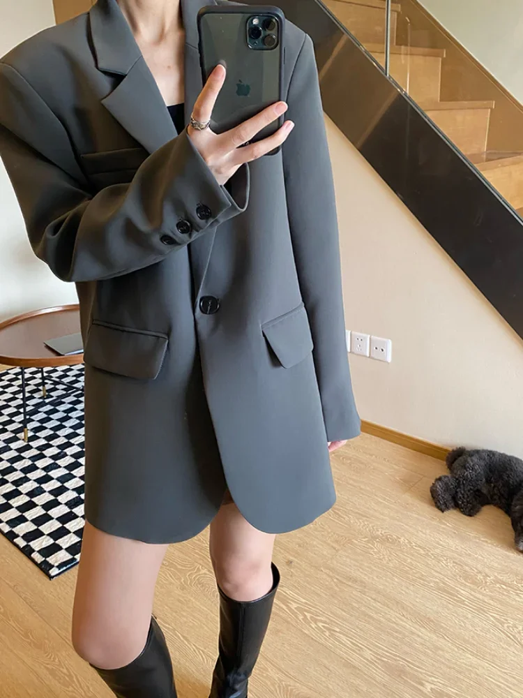 

Insozkdg 2024 New Spring Autumn Black Grey Women Blazer Coat Long Sleeve Single Button Office Ladies Business Wear Formal Jacket