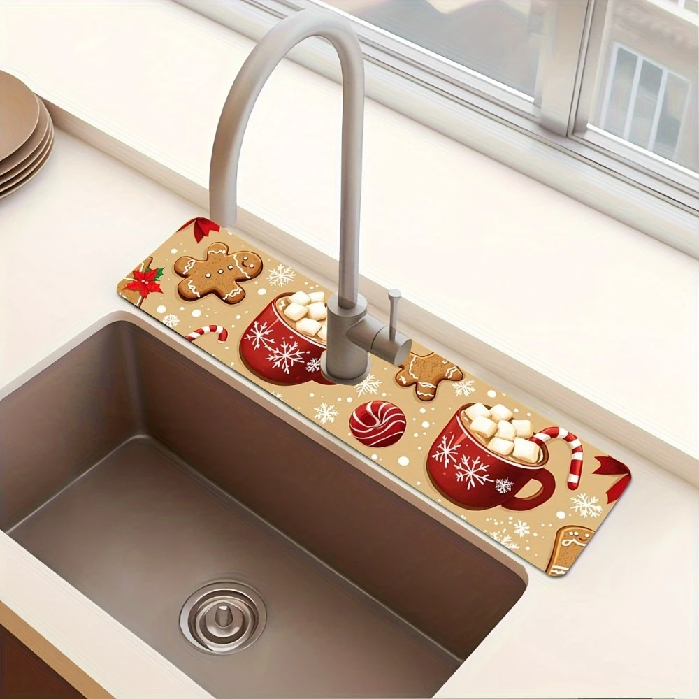 1 Piece Christmas Milk Tea Gingerbread Man Pattern Faucet Mat, Moisture-Proof Drainage Mat, Made of Durable Polyester Material