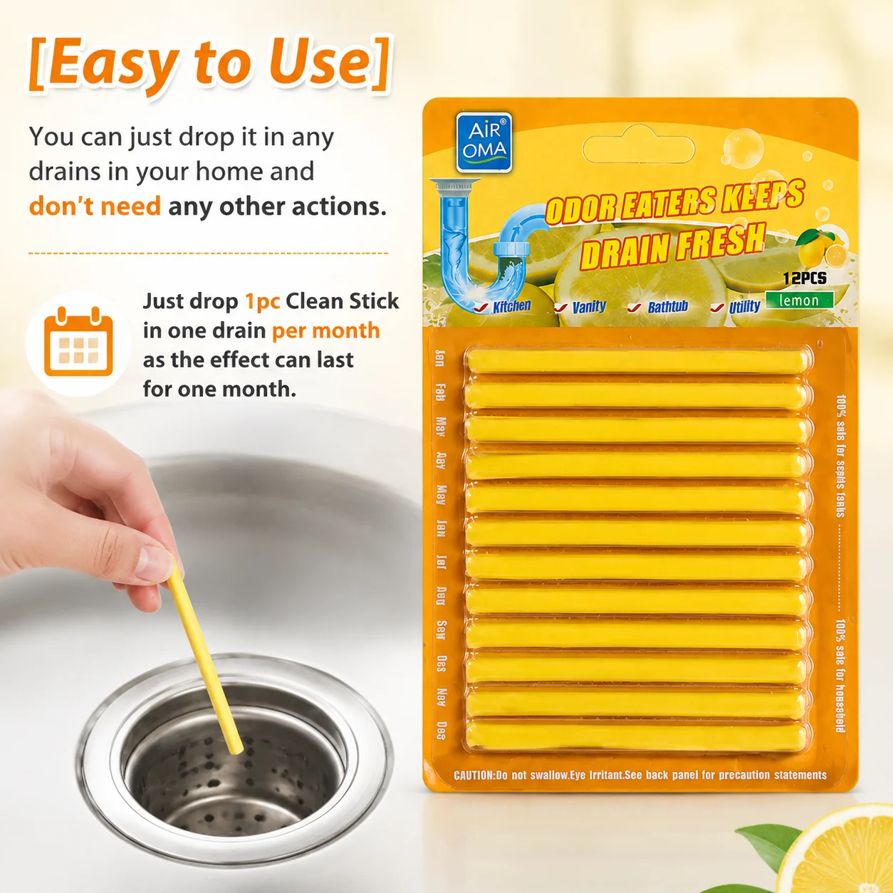 Pack of 12 Pipe Cleaner Drain Cleaner Sticks Sink Drain Cleaner Sticks Stop Smelly & Clogged Drains Enzyme Cleaner for Shower