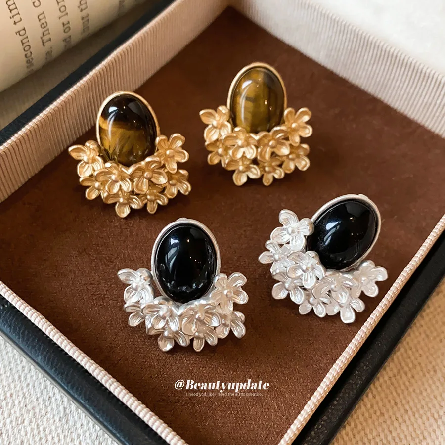 Vintage Style Crescent Blossom Ear Studs Featuring Smooth Oval Gemstone Focal Point Set Upon Intricate Carved Petal Cluster