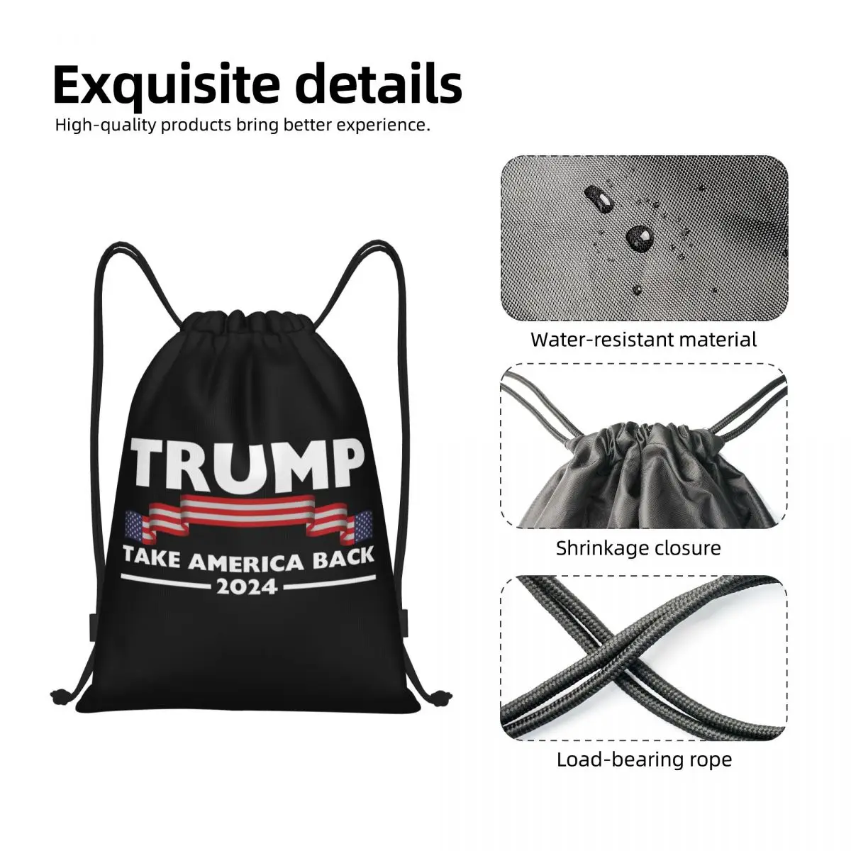 Saco de ginástica com cordão para homens e mulheres, mochila de armazenamento leve, US America Back USA, Trump 2024, personalizado