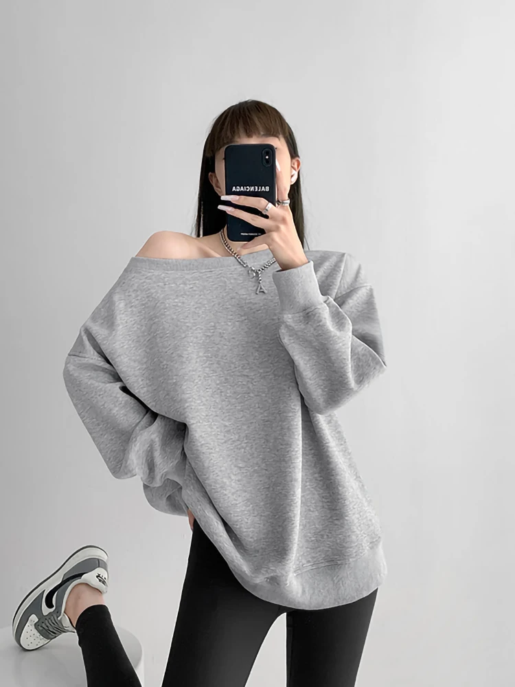 ملابس حريمي كاجوال كورية بلون سادة بدون أكتاف وأكمام طويلة بلوزات خريف وشتاء كل مباراة فضفاضة تي شيرت نسائي