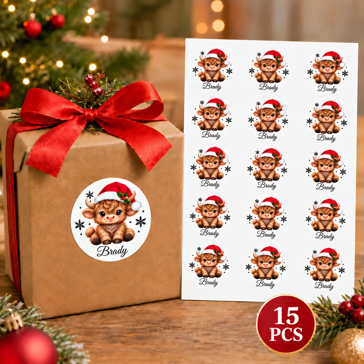 Personalized Christmas Name Stickers, Custom Highland Cow Round Labels, Holiday Gift Seals for Wrapping and Party Decor