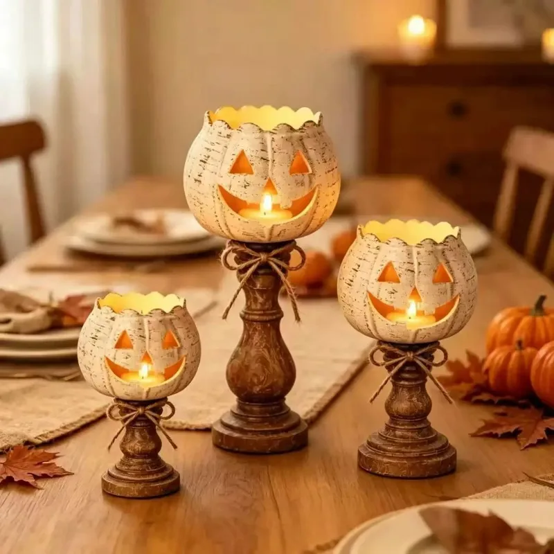 Halloween White Pumpkin Tealight Candle Holder Set of 3 Resin Jack O Lantern Pedestal Candle Stand Fall Thanksgiving Table Decor