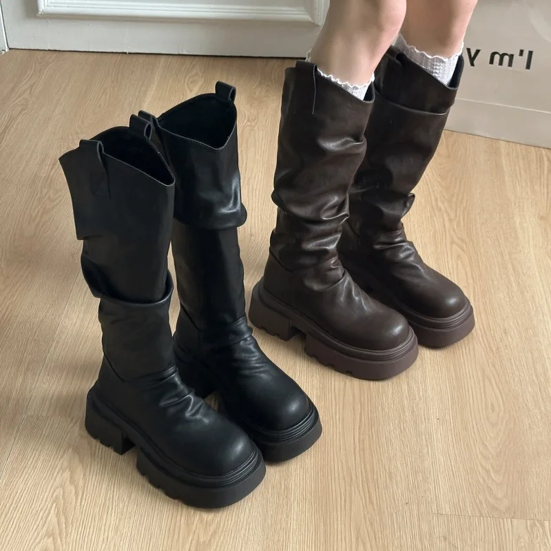 

Women's Thick-Soled Riding Boots2025Spring New Vintage Ruched Mid-Calf Slouch Boots French Slimming Western Boots