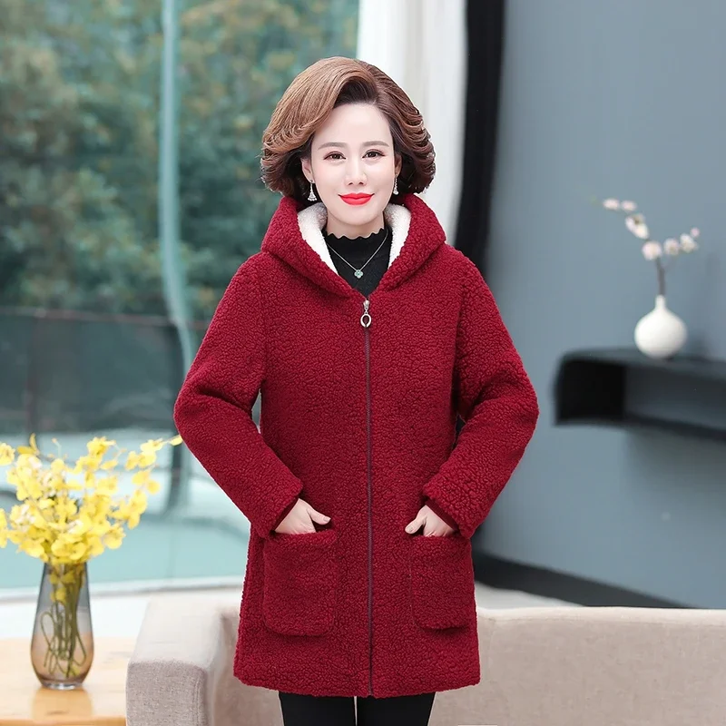 Hooded Parkas Women\'s Grain fleece Winter Jacket 6XL Warm Thicken Cotton Coat Loose Female Lambs wool Long Snow Parka Overcoat