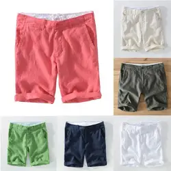 Summer New Men's Solid Color Straight Shorts Loose Casual Linen 100% Fashion Beach Joggers Streetwear Homme