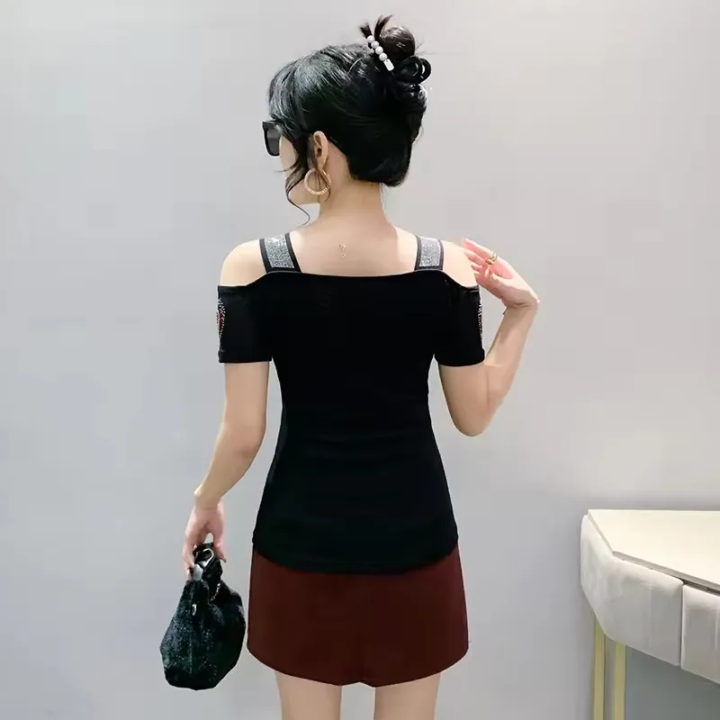 New Arrival Big Love Heart Shape Design Women's T-Shirts Off Shoulder Shiny Diamonds Mesh Tops High Quality Blusas Tee Shirts