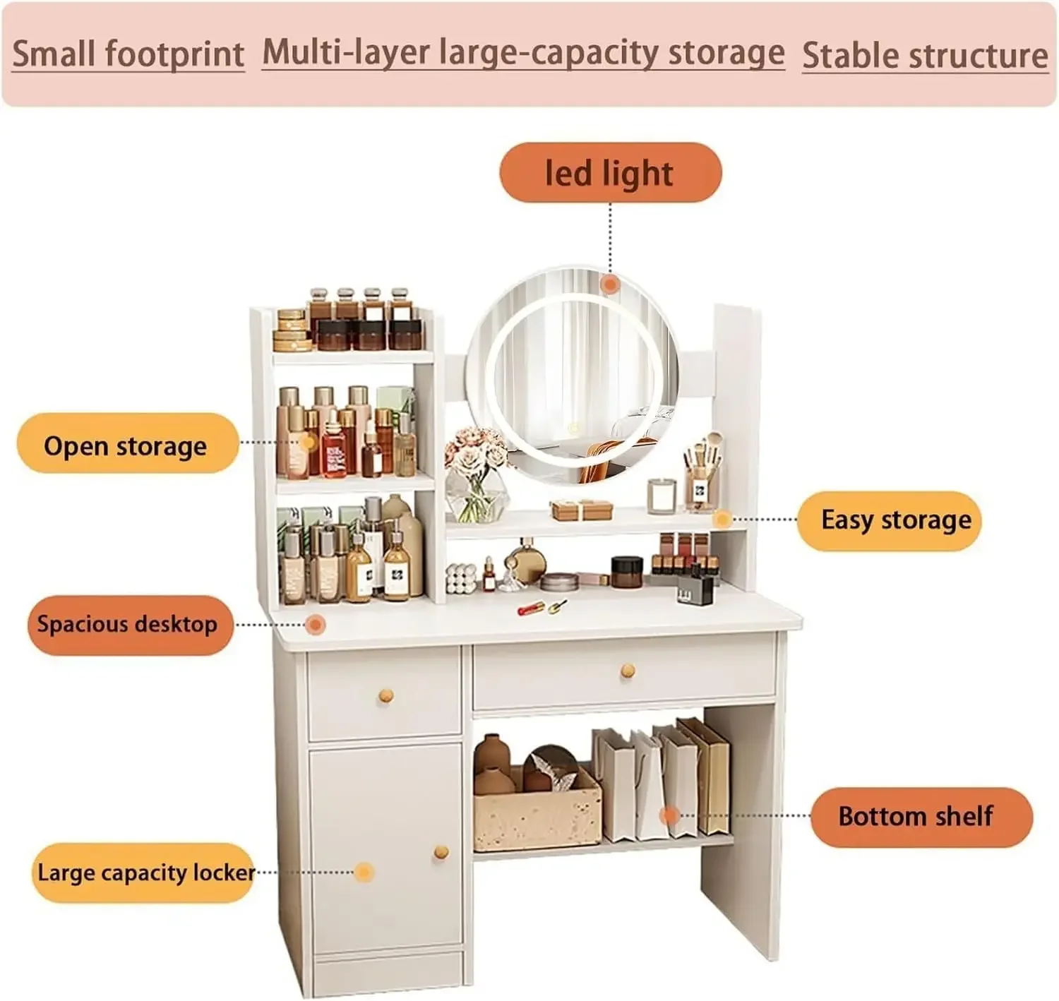 Dressing Table,Makeup Table with Drawers, Vanity Desk with Mirror and led Lights,3 Lighting Mode,Makeup Vanity Desk