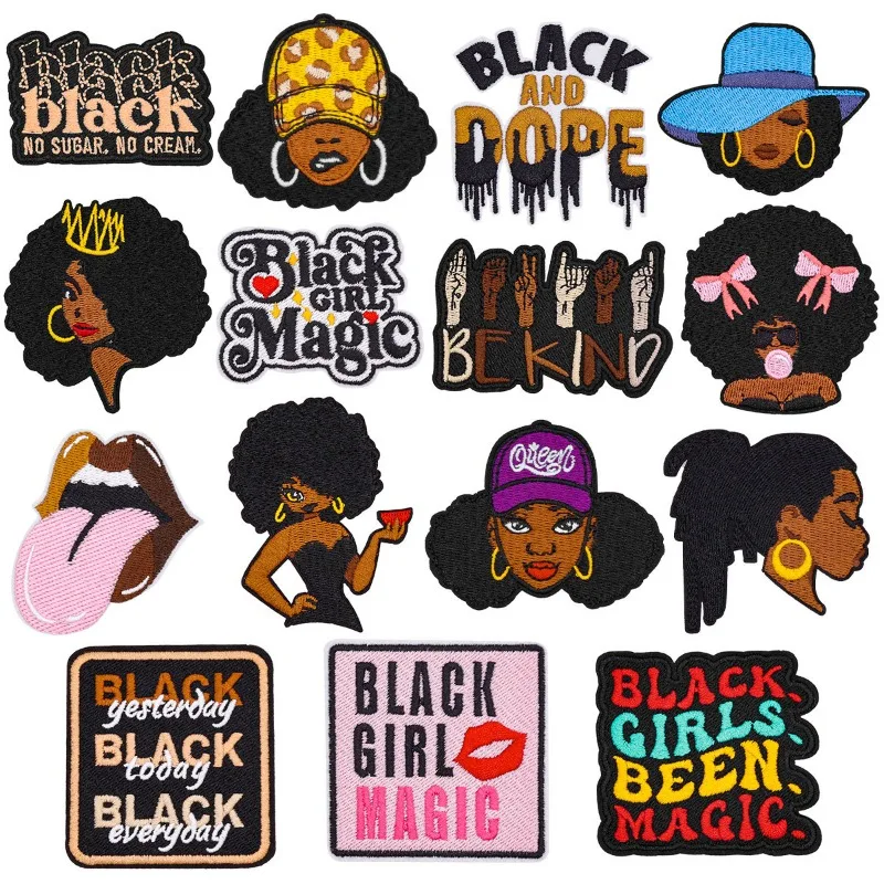 Black Girl Magic Cool Face Woman Cartoon Iron-on Sew Embroidery Badge Patches DIY T-shirt Hat Backpack Clothing Applique Sticker