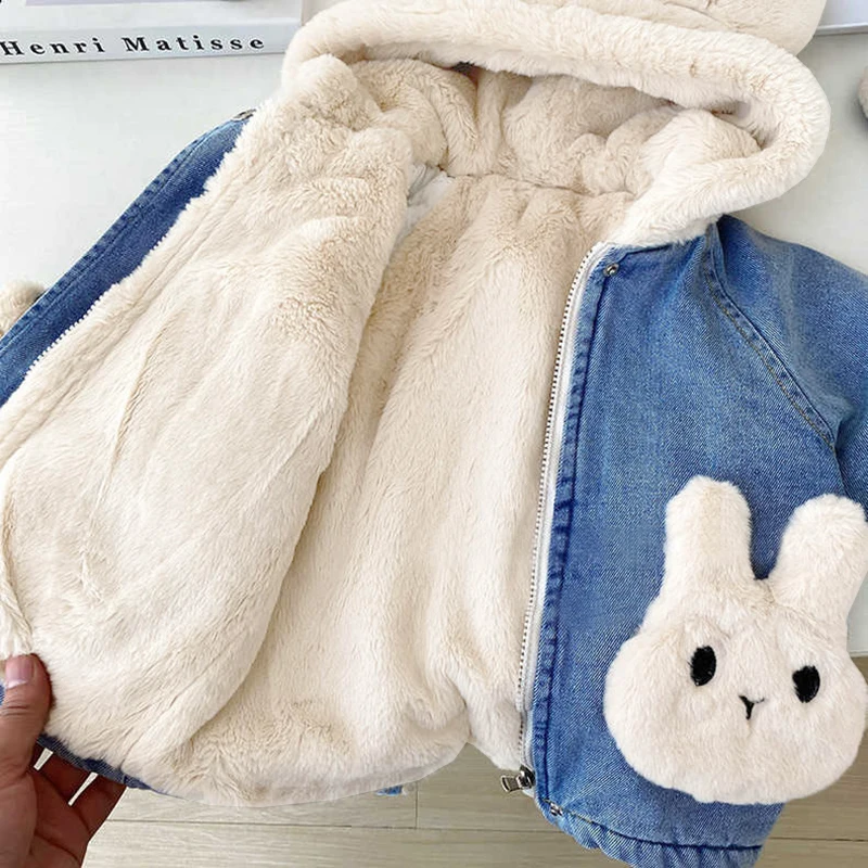 Autumn Winter Thicken Warm Baby Girls Denim Jacket Cute Plush Rabbit Ears Hooded Coats For Girl Children Outerwear Clothing 2-8Y