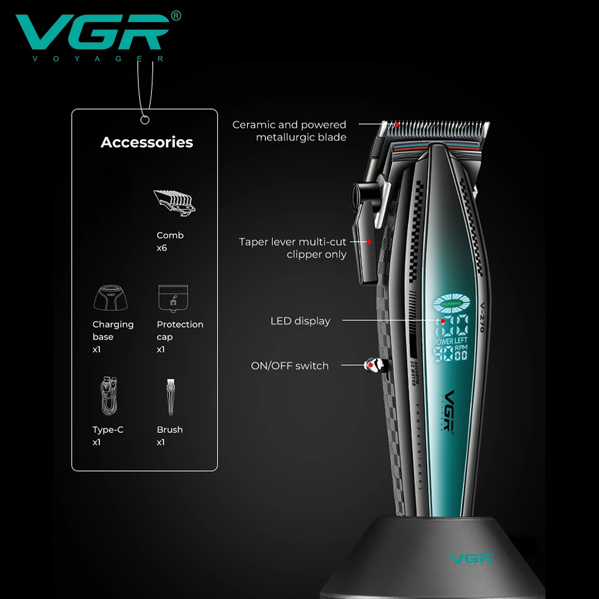 VGR Hair Trimmer Electric Hair Clipper Barber Hair Cutting Machine 9000 RPM Cordless Haircut Machine Metal Trimmer for Men V-270