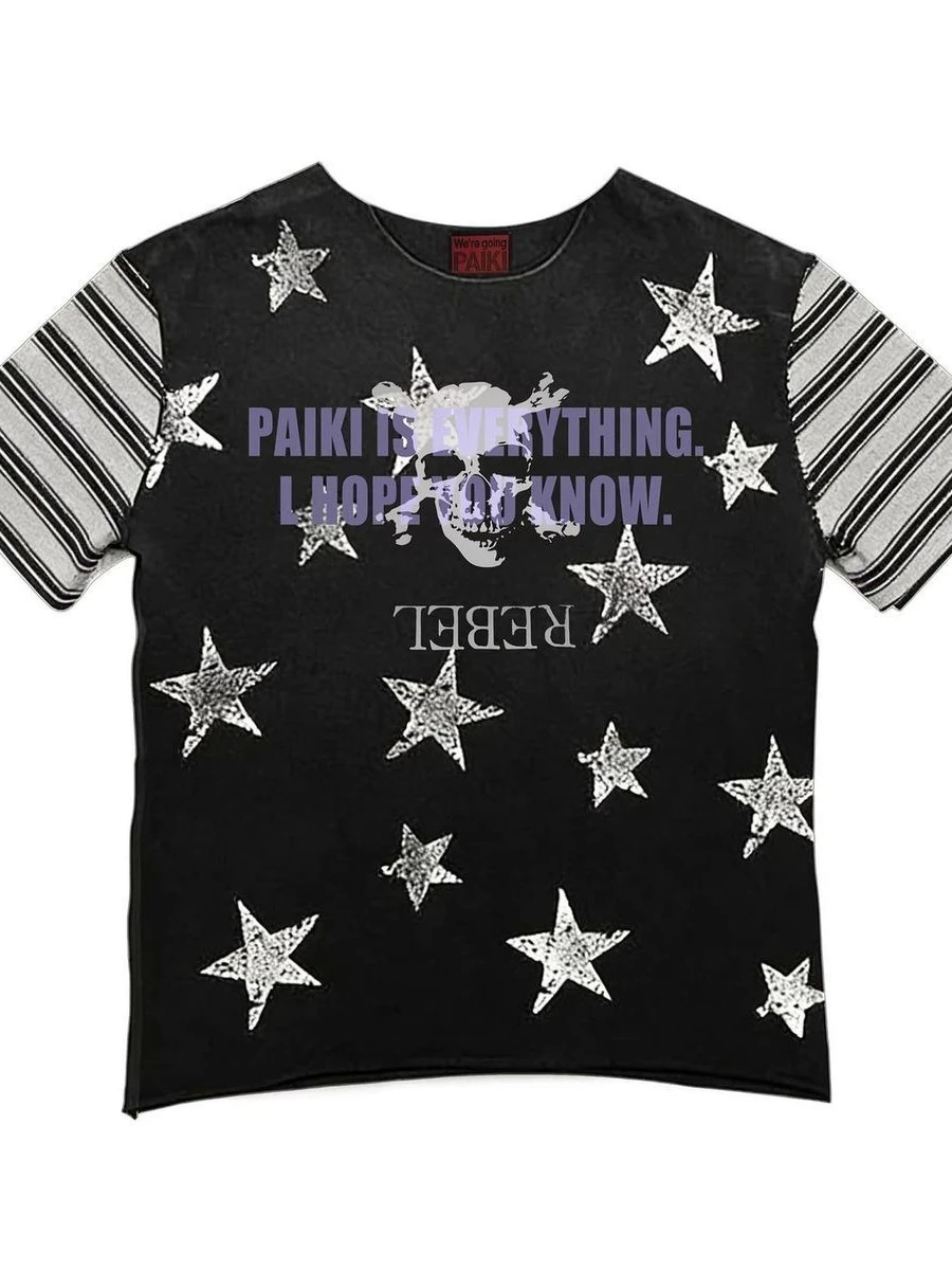 Y2K Punk Dark Graphic Tees Skull & Star Print Crop Top Black Grunge Striped Sleeve 2000s E-girls Hip Hop Streetwear Japanese New