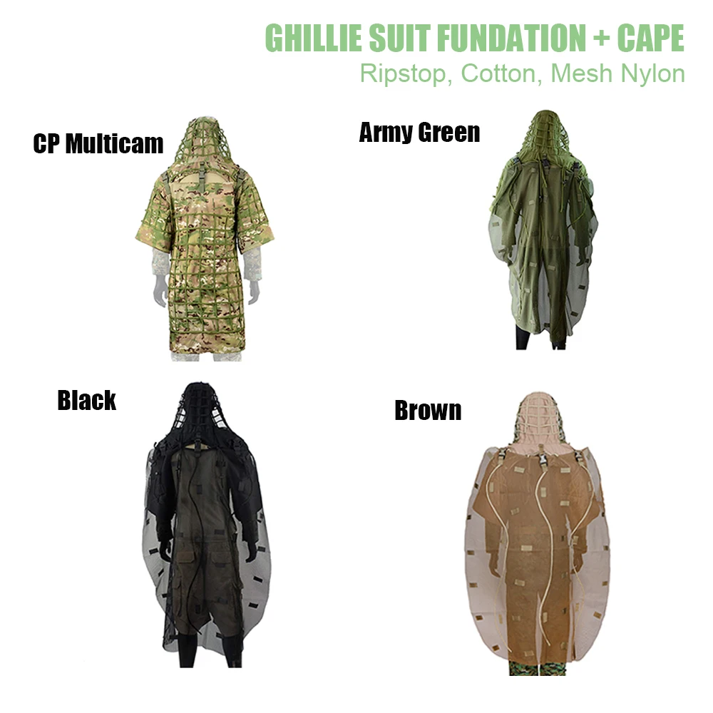 รองพื้น Ghillie Suit, Ghillie Poncho, ฐาน Ghillie ล่าสัตว์ลายพราง, Ghillie Cape Sniper Viper Hood สําหรับเพนท์บอลอัดลม