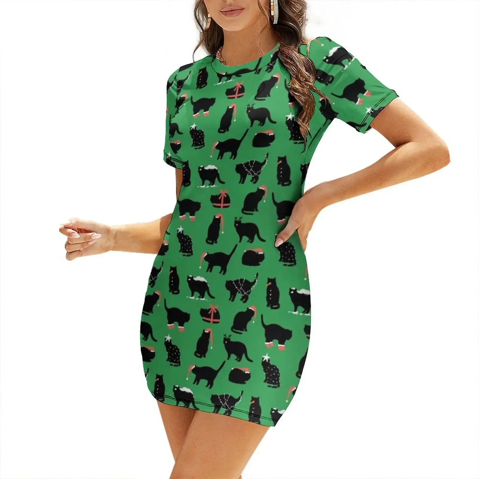

Christmas black cats. Short-Sleeved Dress cocktail dresses Women dresses summer