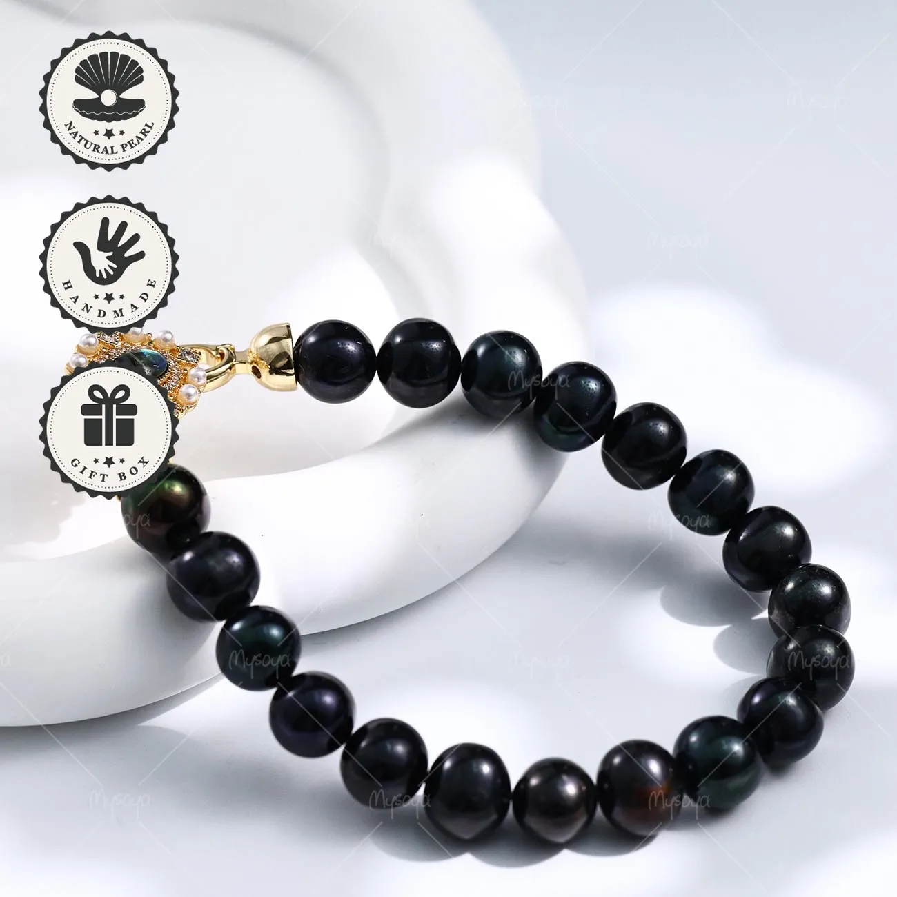 

Браслет Mysoya из черного пресноводного жемчуга 8–9 мм с золотистым цирконием и застежкой из перламутра, в подарочной коробке, на День святого Валентина, на день рождения